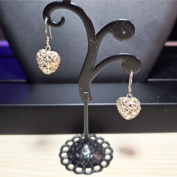 Vintage 925 silver filigree puff heart drop earrings - Picture 4 of 6